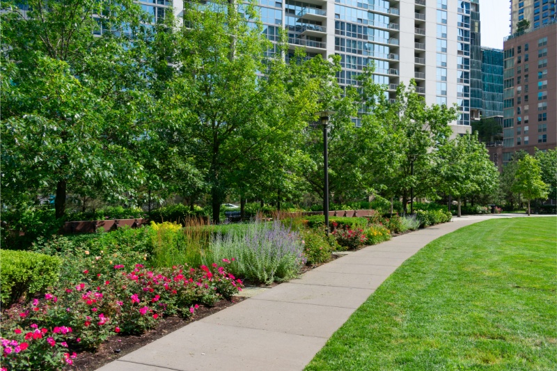 Path with Flowers and Trees with Skyscrapers at the Lake Shore East Park in Chicago